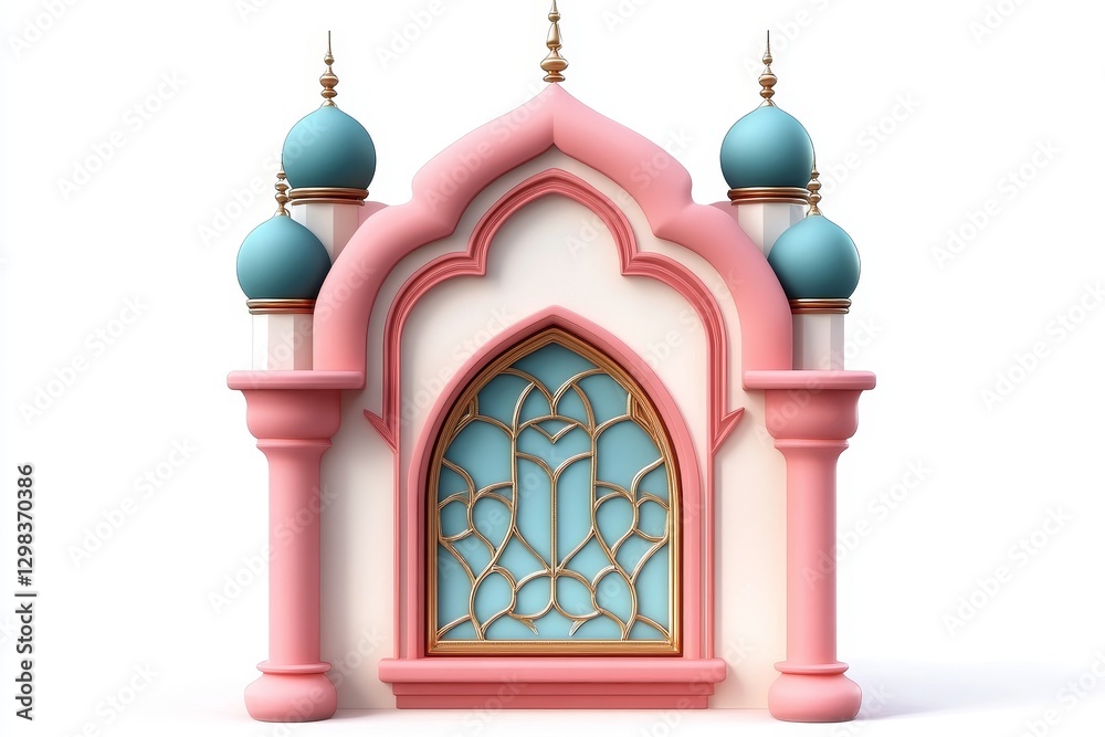 Obraz premium 3D Cartoon Arabic Window Frame on White Background - A charming 3D of a pink and teal arabic window frame, symbolizing architecture, culture, artistry, design, and tradition. Ideal for websites