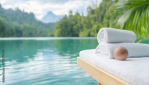 Global wellness tourism. Relaxing lakeside spa with towels and massage ball by water