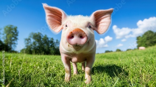 Wallpaper Mural Cute Piglet Standing on Grass Under Clear Blue Sky in Farm Environment Torontodigital.ca