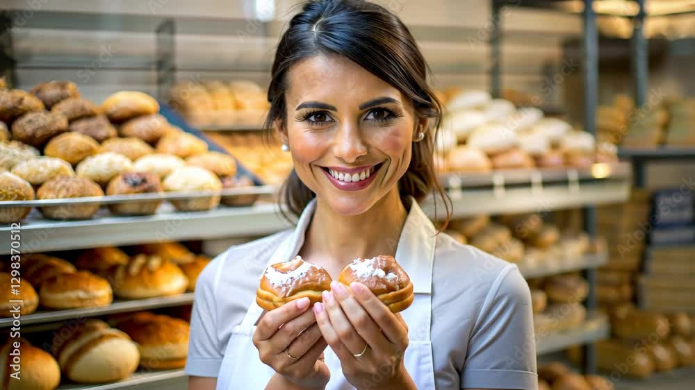 Smiling woman in baker's hat with bread basket, bakery shelves in background, concept of artisan bread-making, suitable for bakery industry and food enthusiasts