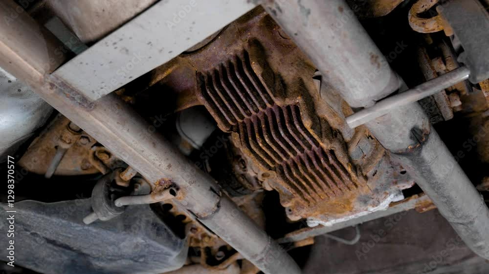 Close up of the underside of a used rusty car. The rear end differential and other suspension parts need maintenence. Rotating movement shot in 4k. Close up of the underside of a used rusty car. The rear end differential and other suspension parts need maintenence. Rotating movement shot in 4k.