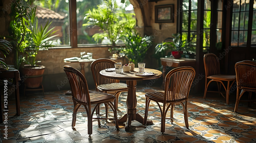 Obraz premium Cozy indoor caf? setting with a wooden table and chairs surrounded by lush greenery and sunlight