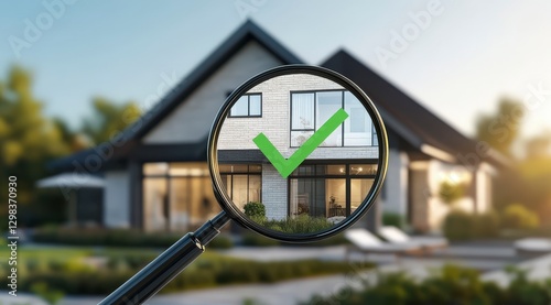 Magnifying Glass Focusing on Modern House with Green Checkmark Symbol