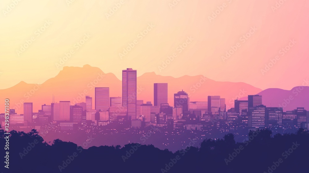 Fototapeta premium Vibrant sunset backdrop over city skyline showcasing silhouettes of buildings against a colorful horizon