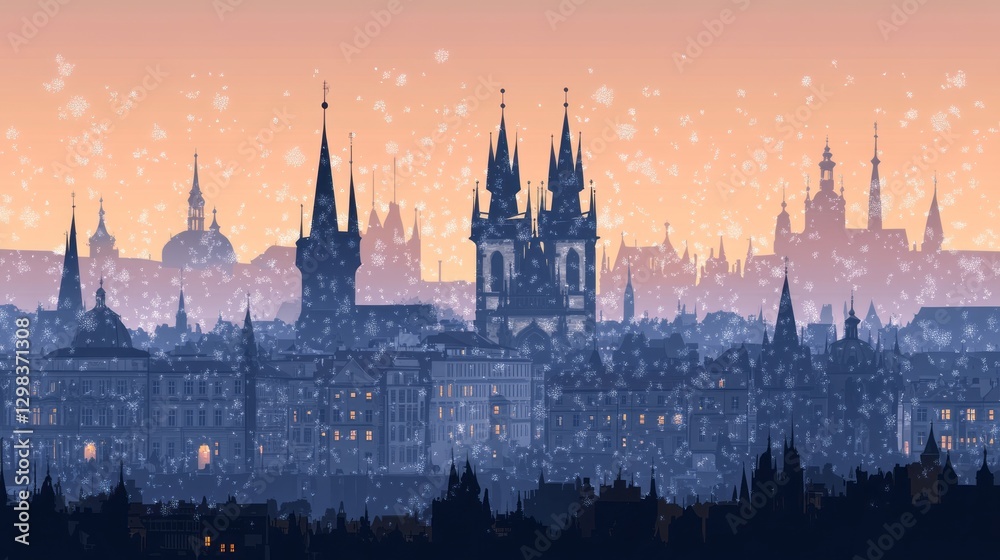 City skyline silhouette at dusk with snowflakes falling over the horizon City skyline silhouette at dusk with snowflakes falling over the horizon