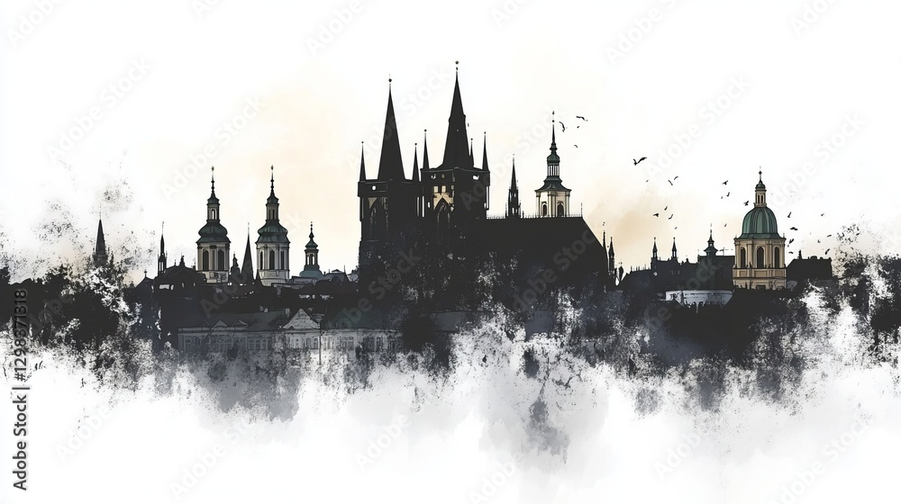 Naklejka premium Silhouette of a historic city skyline against a soft horizon with clouds and birds at twilight