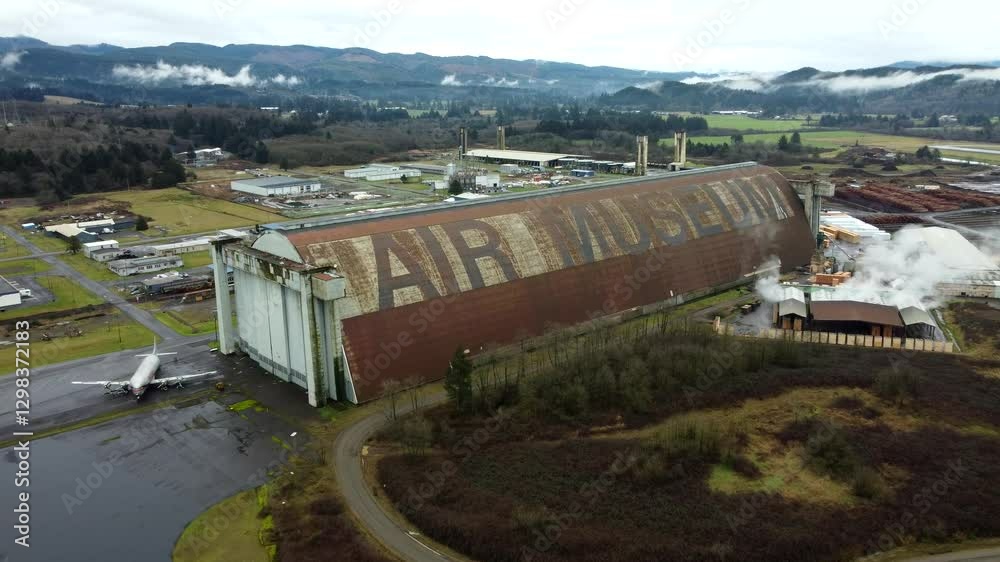 US, Oregon, Tillamook, , 2025-02-18 - Drone view of the WWII Blimp Base (now a museum - Tillamook Air Museum) on the Oregon Coast in winter. This is Hanger A which burned down in 1992