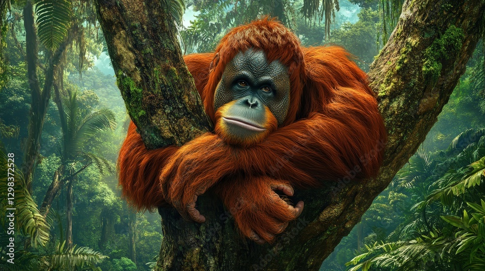 Obraz premium A vibrant orange-brown orangutan rests serenely on a tree trunk amidst a richly verdant forest, its expressive eyes capturing the tranquility of nature's embrace