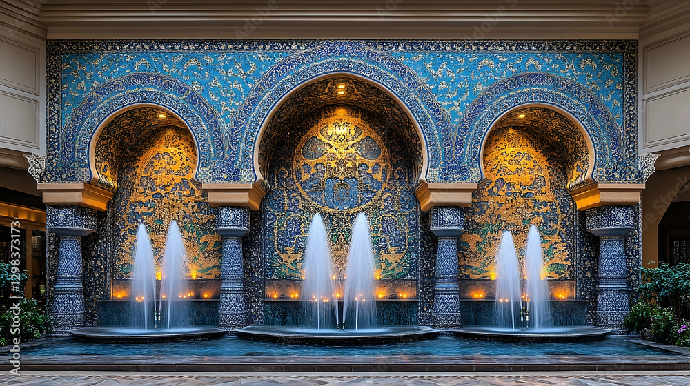 Obraz premium Elegant water fountains with intricate tile work in a luxurious indoor setting, showcasing vibrant colors and serene ambiance