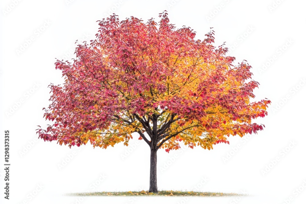 Fototapeta premium Autumn Tree Isolated on White - Single deciduous tree in vibrant autumn colors, isolated on a pure white background. Perfect for fall themes