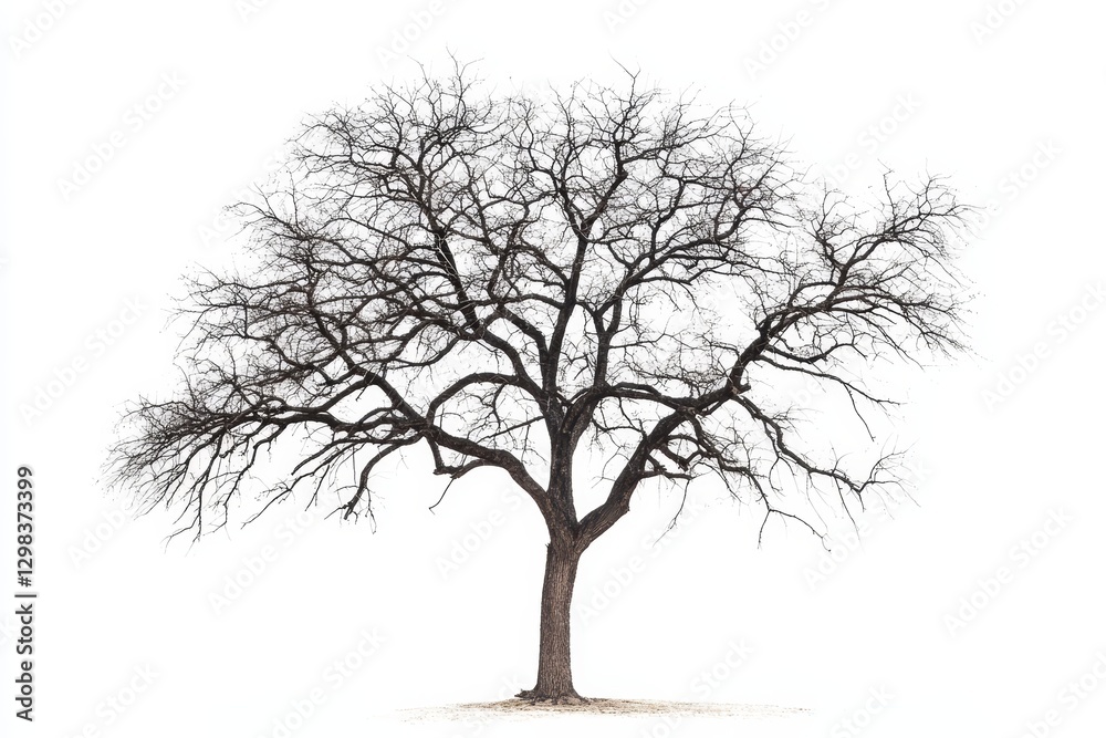 Obraz premium Bare Tree Silhouette on White - A stark, leafless tree stands alone against a bright white background, symbolizing resilience, solitude, winter, the passage of time, and rebirth