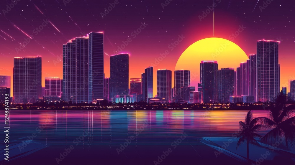 Fototapeta premium Vibrant city skyline silhouette against a twilight horizon with glowing sun and reflections on water