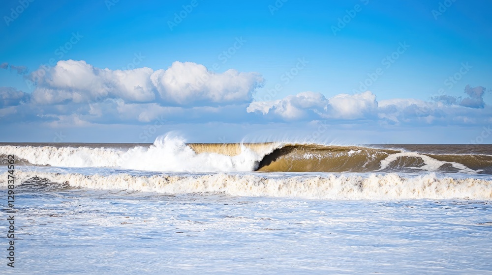 Powerful ocean wave crashing on beach, sunny sky Powerful ocean wave crashing on beach, sunny sky