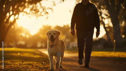 Obraz na płótnie Old Dog, Faithful Friend: A Peaceful Stroll in the Golden Hour w salonie