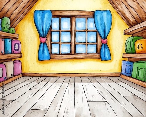 Attic interior, empty with a window, books on shelves, cartoon style, for background use
