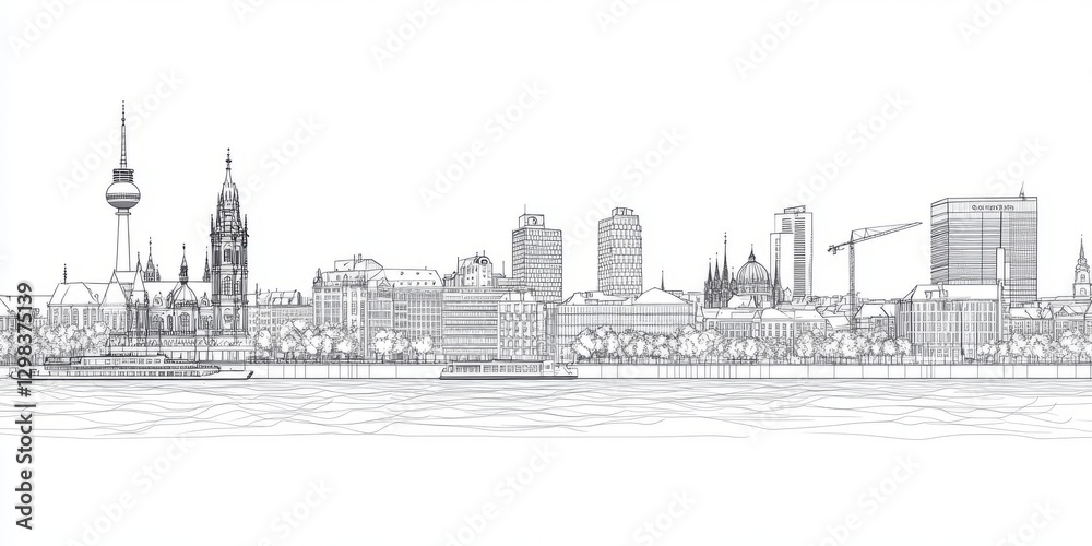 Naklejka premium Silhouette of a city skyline against a horizon revealing iconic structures and modern buildings