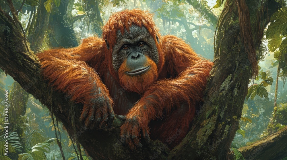 Obraz premium An expressive orangutan gazes intently from a verdant forest canopy, nestled among vibrant branches and leaves, capturing an intimate connection in its serene, lush setting