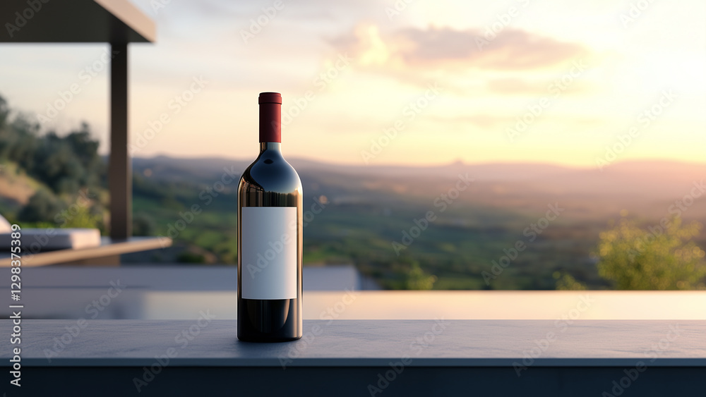 Fototapeta premium Minimalist Red Wine Bottle on a Modern Terrace with Italian Countryside View