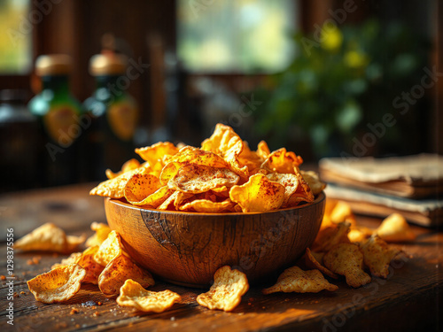 Knusprige Kartoffelchips in einer rustikalen Holzschüssel

 photo