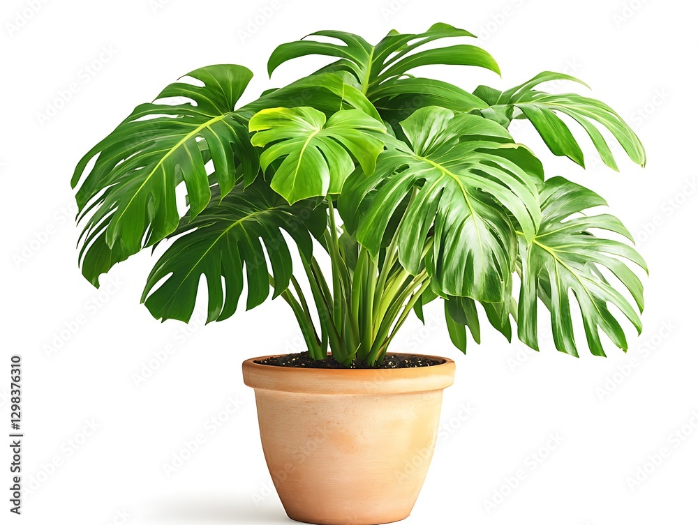Lush Monstera deliciosa in pot, white background, home decor Lush Monstera deliciosa in pot, white background, home decor