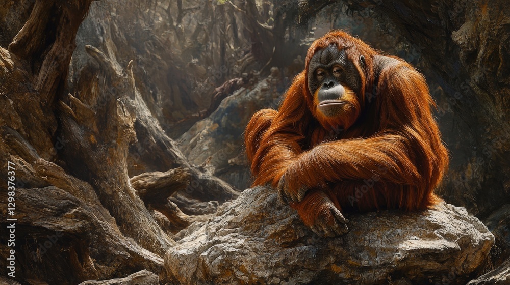 Obraz premium An intricately illustrated orangutan perched on a rocky outcrop, showcasing vivid fur details and expressive facial features against a lush forest backdrop
