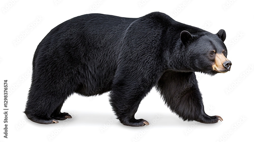 Fototapeta premium Black bear walking on white backdrop, studio portrait, ready for wildlife, animal, nature publications