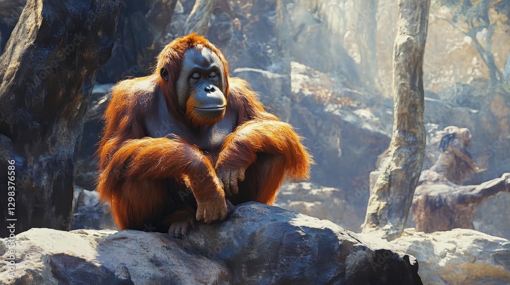 Obraz premium A majestic orangutan perched atop a rugged rock surveys its surroundings with serene focus, eyes gazing leftward, embodying tranquil strength