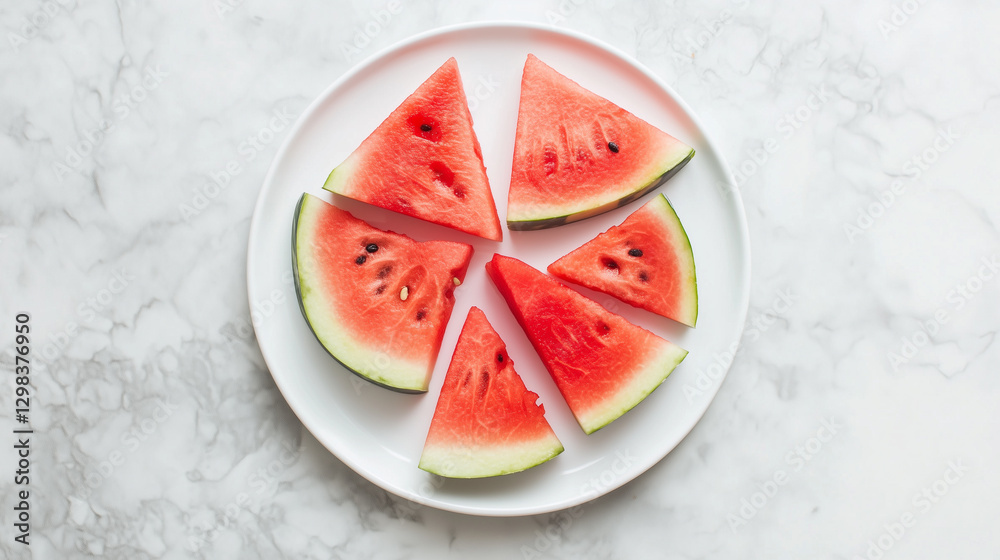 Top-down view of fresh watermelon slices arranged on a white plate Top-down view of fresh watermelon slices arranged on a white plate
