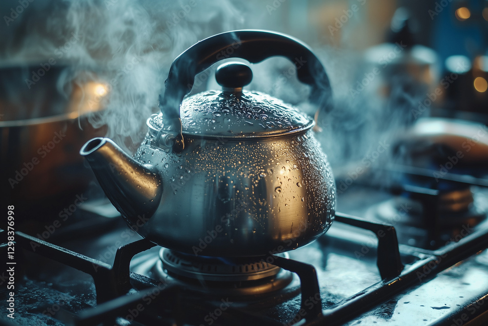 Tea kettle with boiling water on gas stove