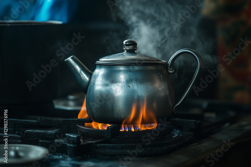 Tea kettle with boiling water on gas stove
