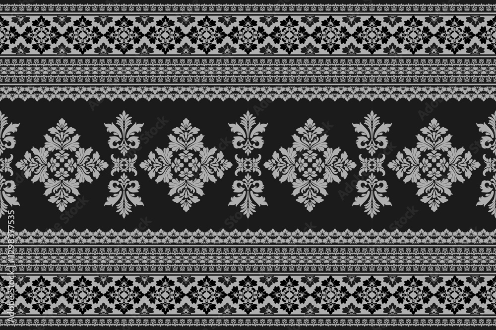 Seamless white floral and leaf damask shape with geometric ethnic tradition pattern texture on black background