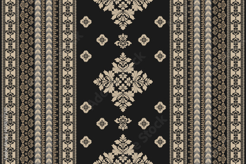 Seamless yellow and golden floral damask shape with geometric ethnic tradition pattern texture on black background