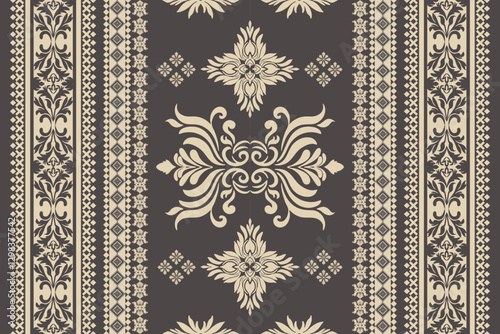 Seamless yellow and golden floral damask shape with geometric ethnic tradition pattern texture on brown and grey background