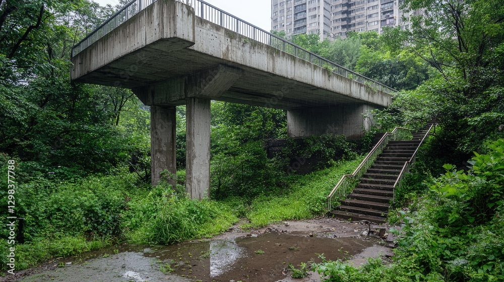 Concrete Bridge Overgrown with Vegetation in Urban Park Concrete Bridge Overgrown with Vegetation in Urban Park