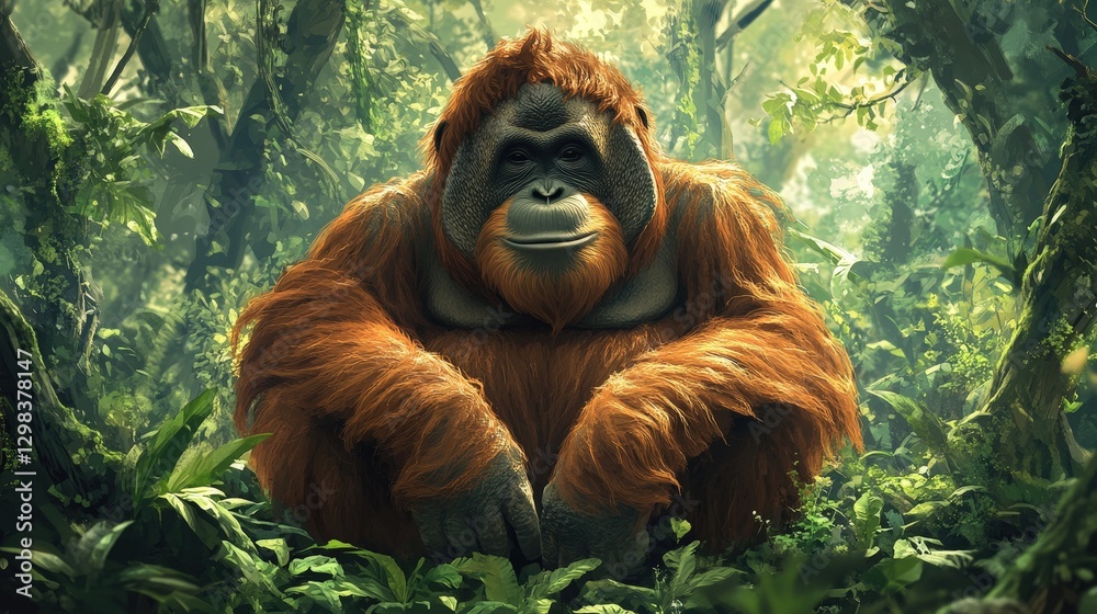 Obraz premium An orangutan sits gracefully amidst a verdant forest; its vibrant orange-brown fur contrasts with piercing black eyes, surrounded by rich foliage in serene harmony