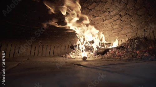 Burning woods inside a pizza stone oven