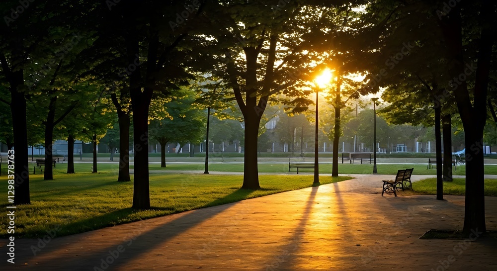Fototapeta premium A quiet city park with trees and benches during golden hour.jpg