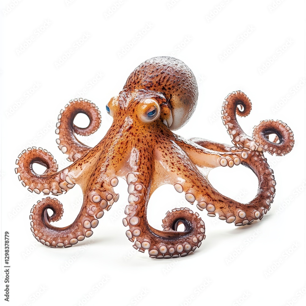 Obraz premium Common Octopus Full Body Real on White Background - A detailed close-up of a common octopus on a white background. Symbolizing intelligence, adaptability, camouflage, mystery, and the ocean's depths