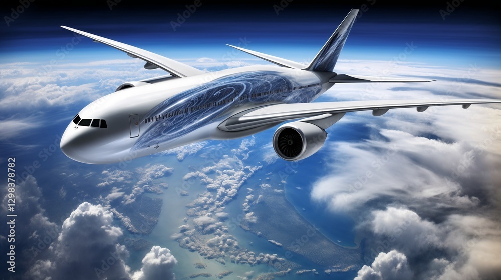 Realistic airplane flying over the globe with clouds and blue sky for aviation and travel imagery
