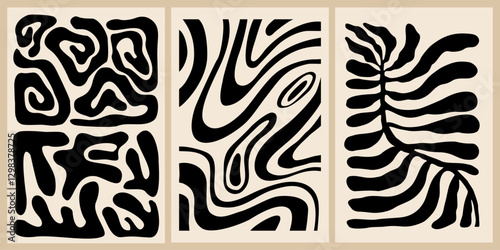Set of abstract posters in modern beige and black colors. Trendy retro inspired contemporary trippy wall art for scandinavian or japandi style interiors. Aesthetic minimalist design.