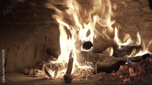 Burning woods inside a pizza stone oven 