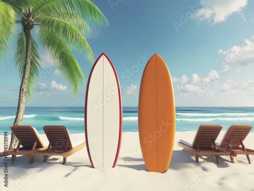 Colorful Surfboards on Tropical Beach with Palm Trees and Chairs