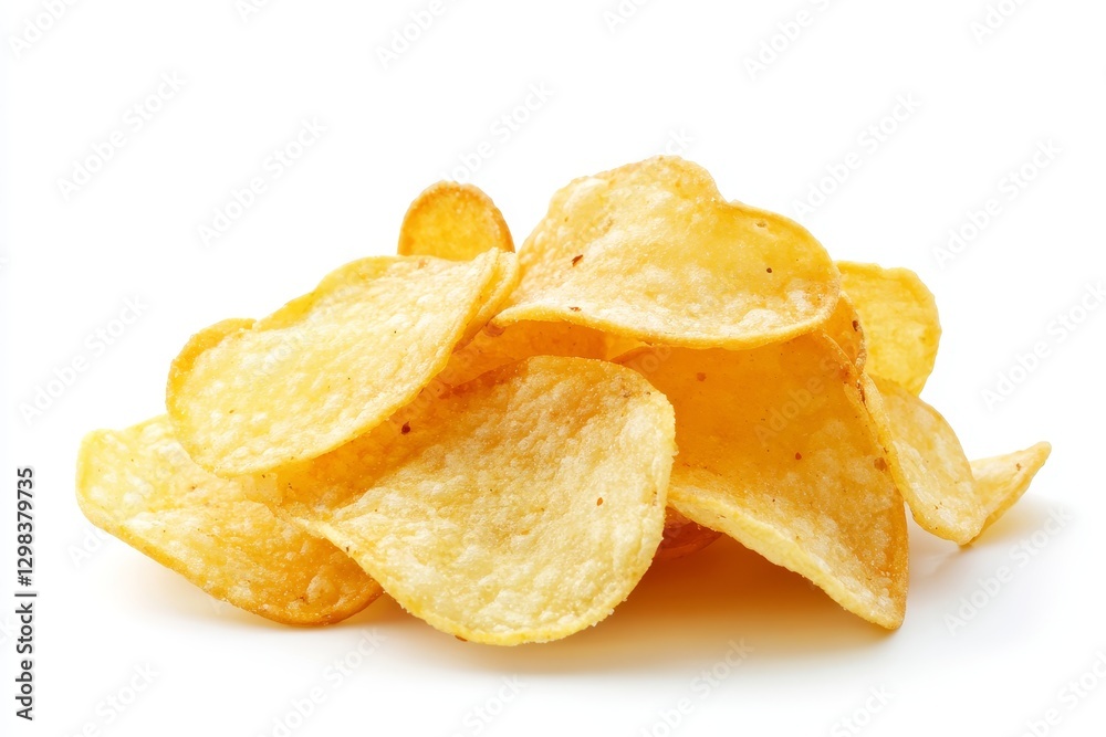 Crispy Potato Chips Isolated on White - A pile of golden-brown potato chips, crunchy, salty, satisfying snack, perfect for sharing, delicious and crispy Crispy Potato Chips Isolated on White - A pile of golden-brown potato chips, crunchy, salty, satisfying snack, perfect for sharing, delicious and crispy