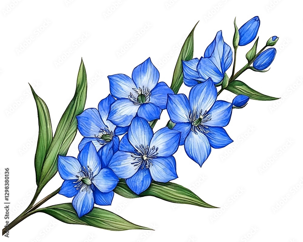 Fototapeta premium Blue flowers blossom on white. Isolated for design