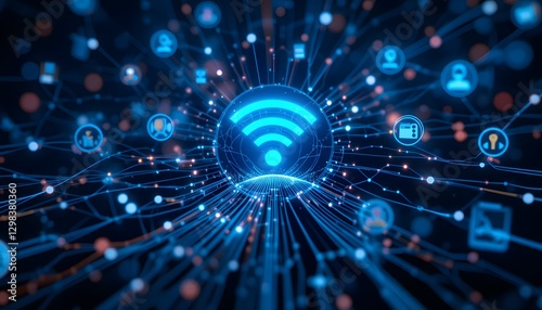 Futuristic Wireless Network Connection with Glowing Blue Wi-Fi Symbol