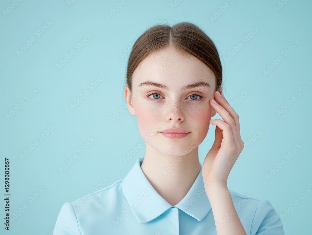 Young Woman with Freckles Touching Her Face Young Woman with Freckles Touching Her Face