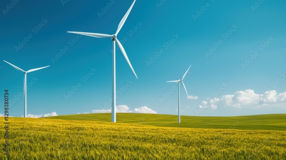 Wind turbines stand tall in a vibrant green field under a clear blue sky, symbolizing renewable energy and sustainable development. Wind turbines stand tall in a vibrant green field under a clear blue sky, symbolizing renewable energy and sustainable development.
