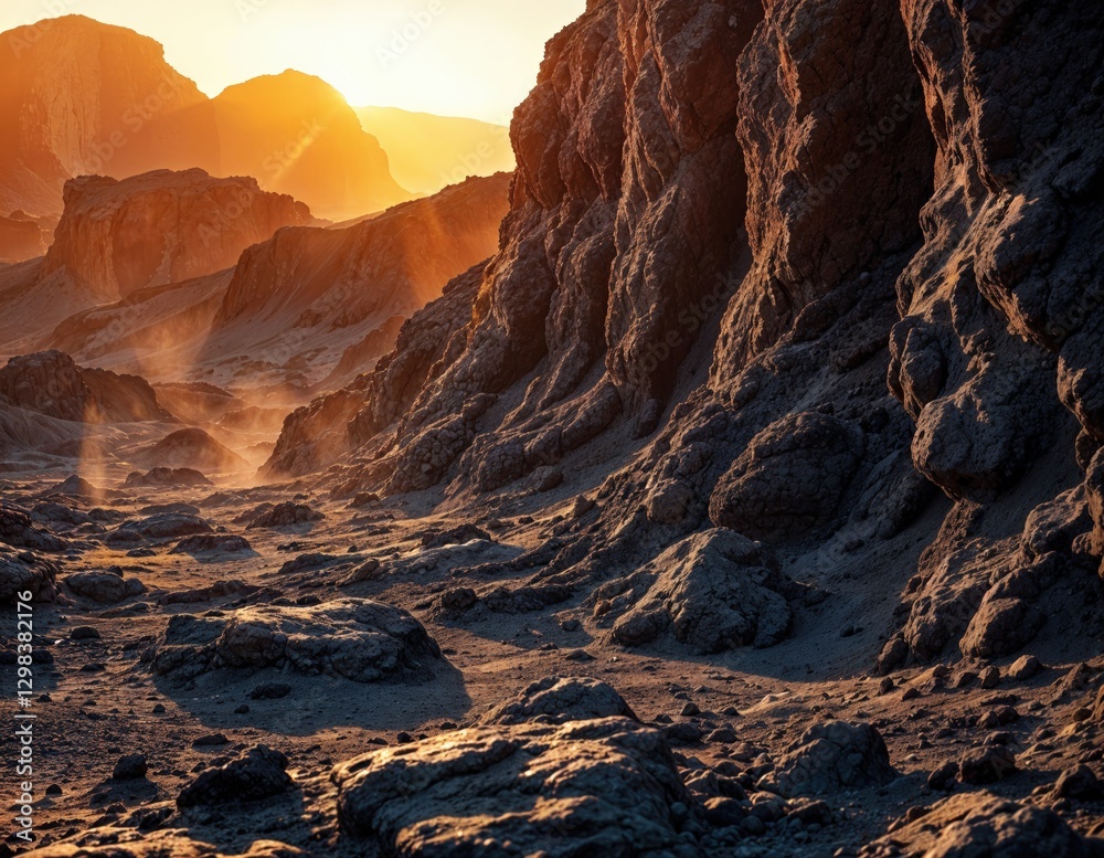 Obraz premium Fantasy alien planet. Mountain and sunset. 3D illustration. Desert Sunset Landscape