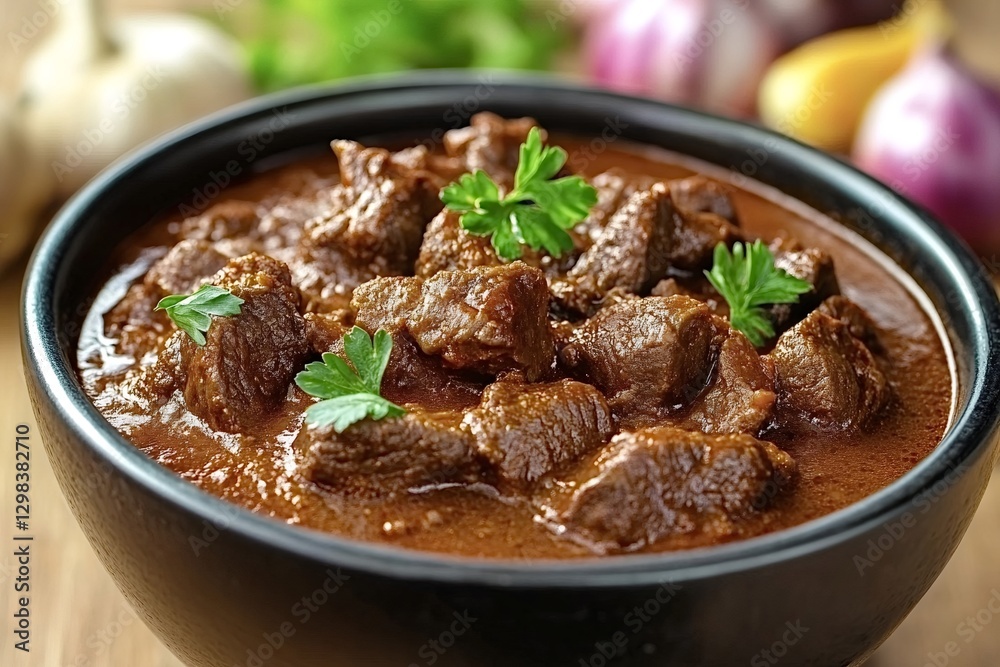 Hungarian goulash is simmering in a black bowl, featuring tender beef stew meat and garnished with fresh parsley, creating a hearty and flavorful traditional dish Hungarian goulash is simmering in a black bowl, featuring tender beef stew meat and garnished with fresh parsley, creating a hearty and flavorful traditional dish