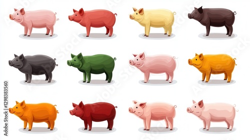 Colorful Cartoon Style Pigs in Various Shades and Poses